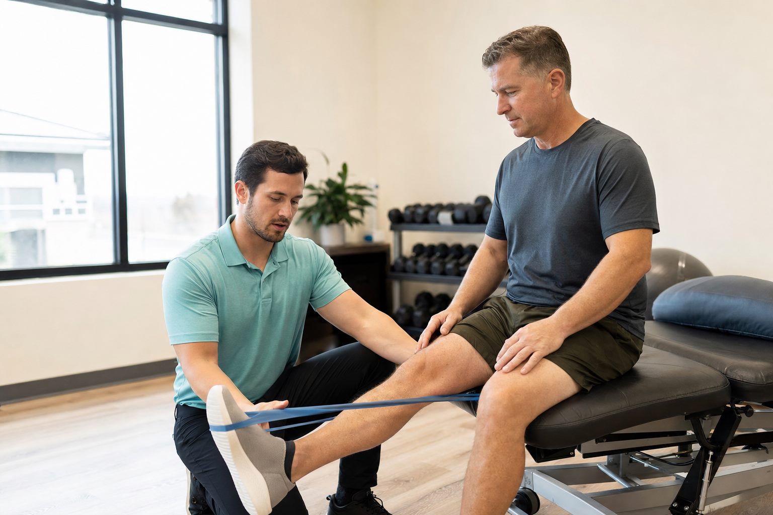 Physical therapist guiding a patient through a knee strengthening exercise in a bright Bonaire clinic